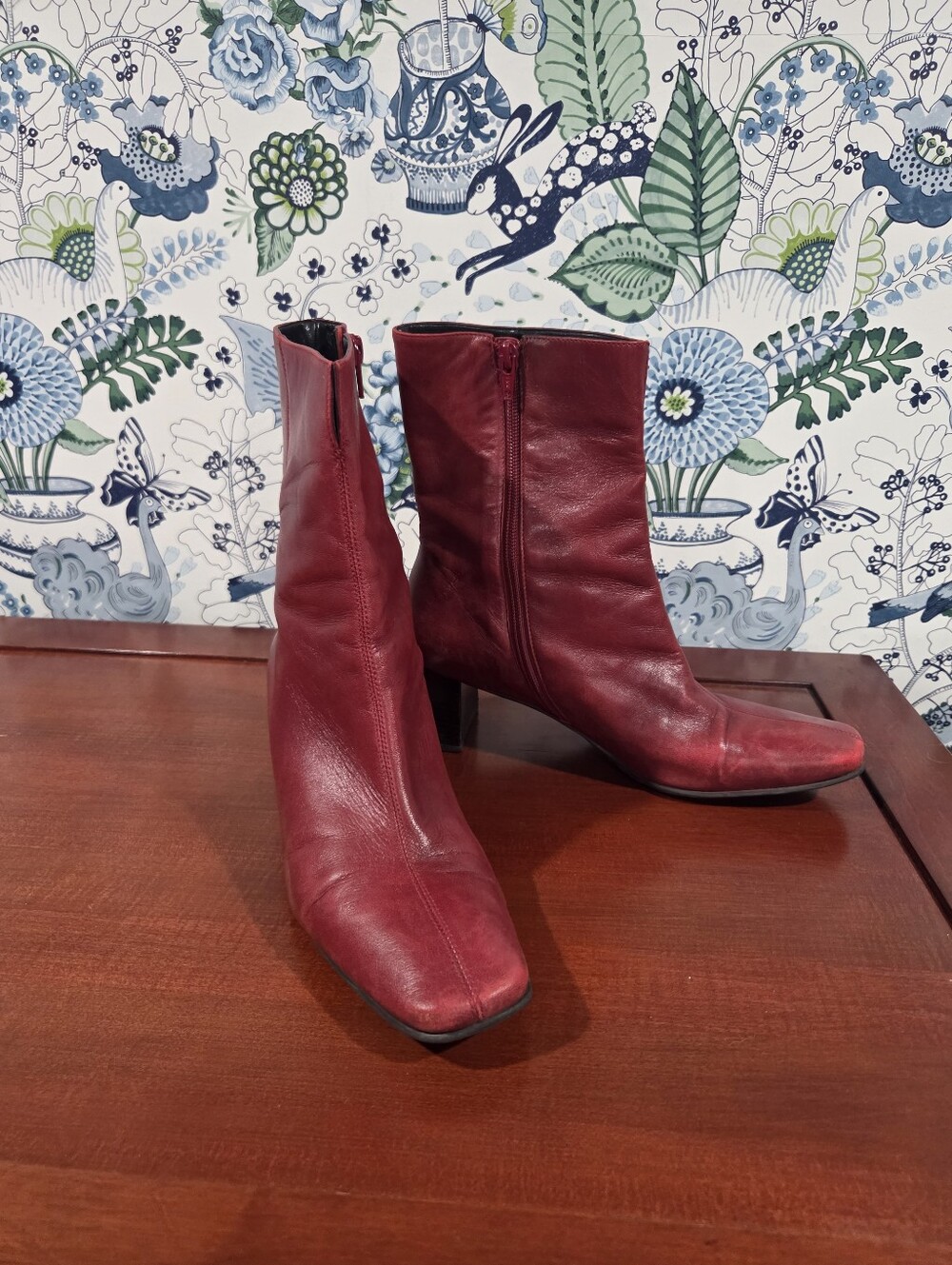 Etienne Aigner Red Leather Ankle Boots | Square Toe | All Leather | Women's